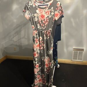 Women's Gray Maxi Dress with Coral Floral Print